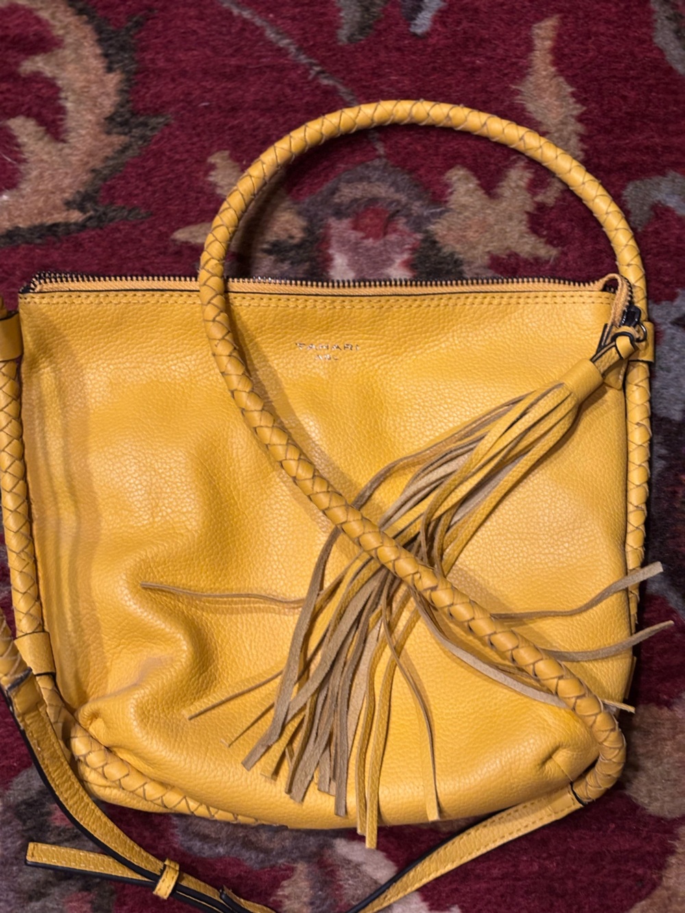 Tahari Mustard Yellow Braided Fringe Shoulder Bag